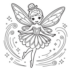 Outline drawing of a fairy with wings and magical swirls coloring page 