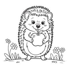 Outlined hedgehog holding an apple in a field of flowers coloring page 