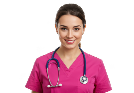 Smiling young female medical professional wearing pink scrubs and stethoscope isolated on transparent background