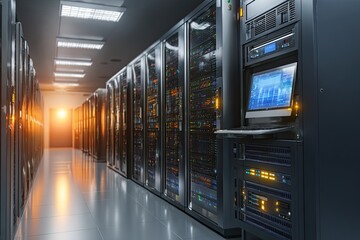 Dark server room, rows of metallic cabinets, illuminated path