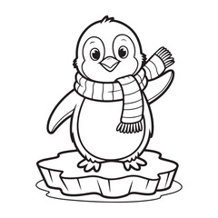 Cartoon penguin waving on ice wearing a striped scarf coloring page 