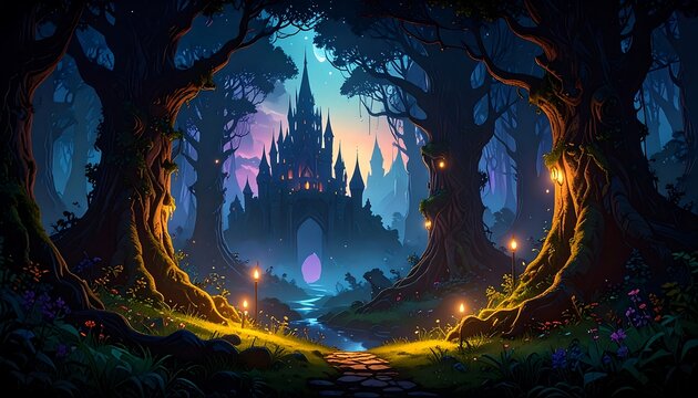 Dark enchanted forest with a mystical castle