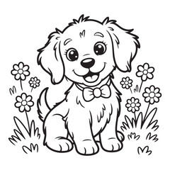 Cartoon puppy with bow tie sitting among flowers outline coloring page 