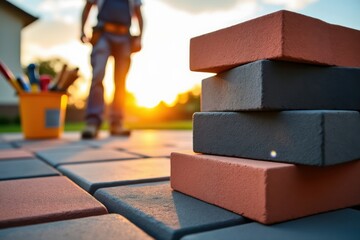 Stacked Colorful Bricks and Construction Worker at Sunset