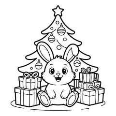 Cartoon bunny with christmas tree and gifts coloring page