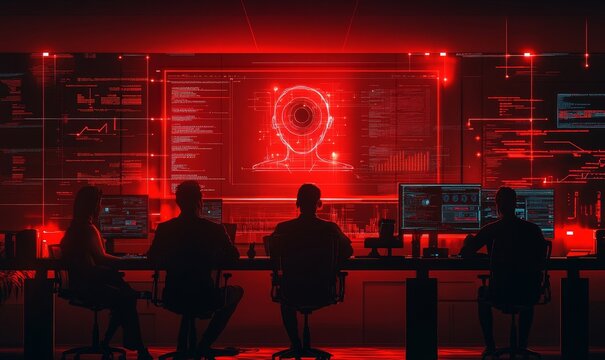 Artificial intelligence cybersecurity concept featuring a diverse IT specialist team analyzing AI threats to consumer data and privacy, with software developers coding and engaging, Generative AI