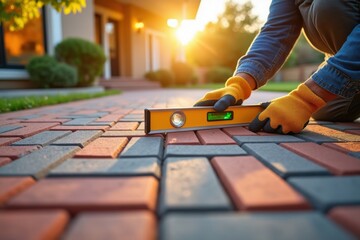 Man Laying Paving Bricks with Level at Sunset