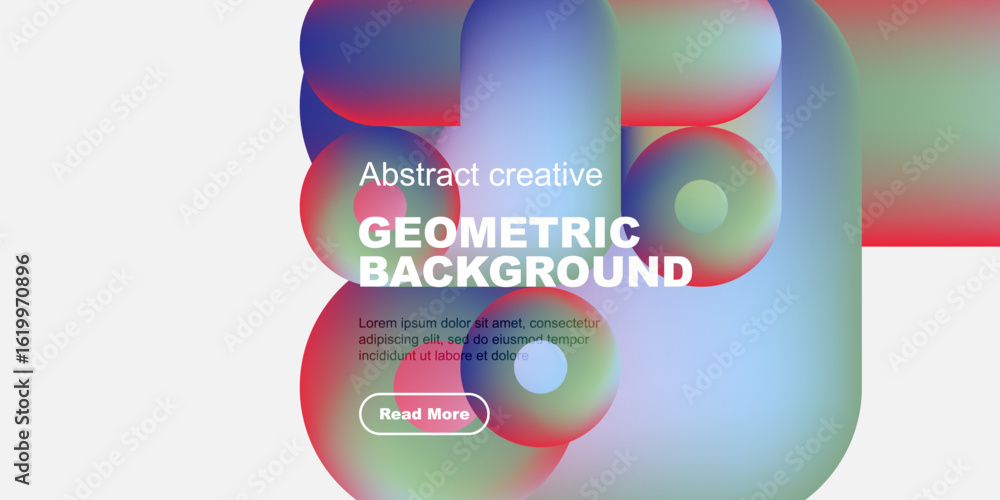 Poster modern design features vibrant overlapping shapes. bold text contrasts with dark background, promoti