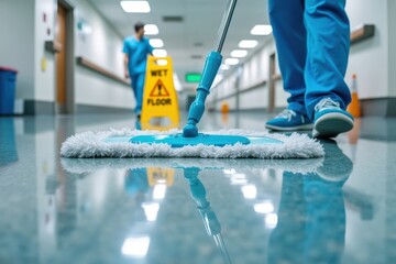 Hospital Hallway Cleaning: Custodian and Wet Floor Sign