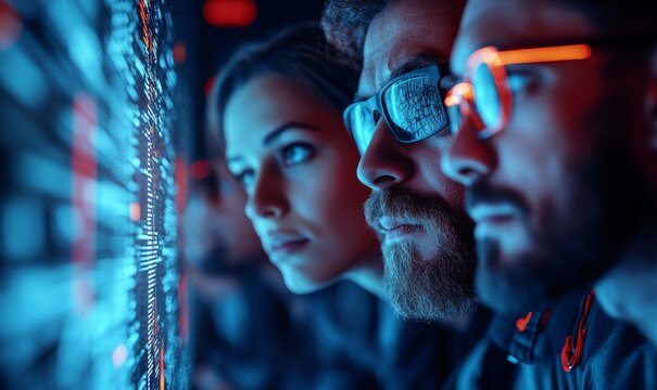 AI cybersecurity threat illustration concept, featuring a diverse team of IT specialists analyzing artificial intelligence data and cybersecurity attacks, with copy space for text, Generative AI