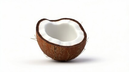Half of a coconut with its shell and white flesh.