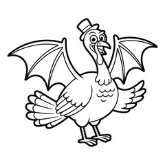 Cartoon turkey with wings and hat in black and white lineart coloring page 