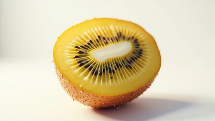 Close-up of a halved golden kiwi.