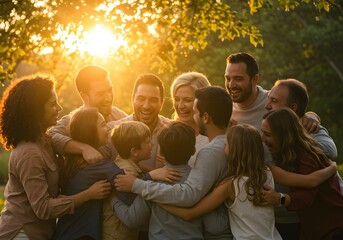 Group of People Hugging Outdoors in Golden Sunlight, Family and Friends Embrace, Happiness Concept.