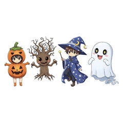 Obraz premium A cute child in a anime-style cartoon Halloween costume, happy for Halloween. Transparent background.
