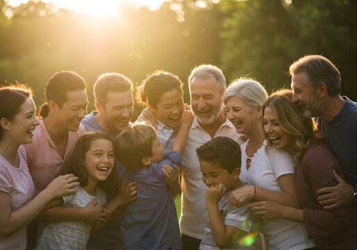 Multi-generational Family Laughing Outdoors in the Sunshine, Happy People, Group Hug Portrait.