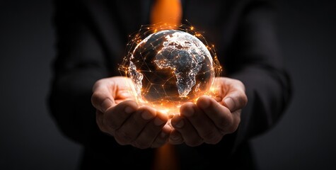 A businessman holding a digital Earth hologram in his hands, a global network concept and world business interface on a black background with an orange light effect.