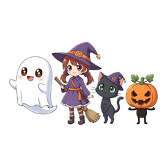 A cute child in a anime-style cartoon Halloween costume, happy for Halloween. Transparent background.
