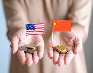 US-China Trade Relations & Economic Dynamics – Flags and Currency on Hands