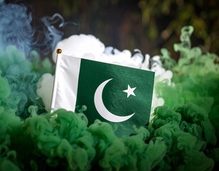 Pakistan Flag Amidst Green and White Smoke – National Pride & Independence Day Celebratio