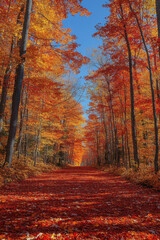 Obraz premium Red leaves scattered on a fall road.