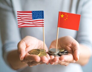 US-China Trade Relations & Economic Dynamics – Flags and Currency on Hands