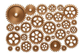 Dense cluster of interconnected gears with a brushed copper appearance.