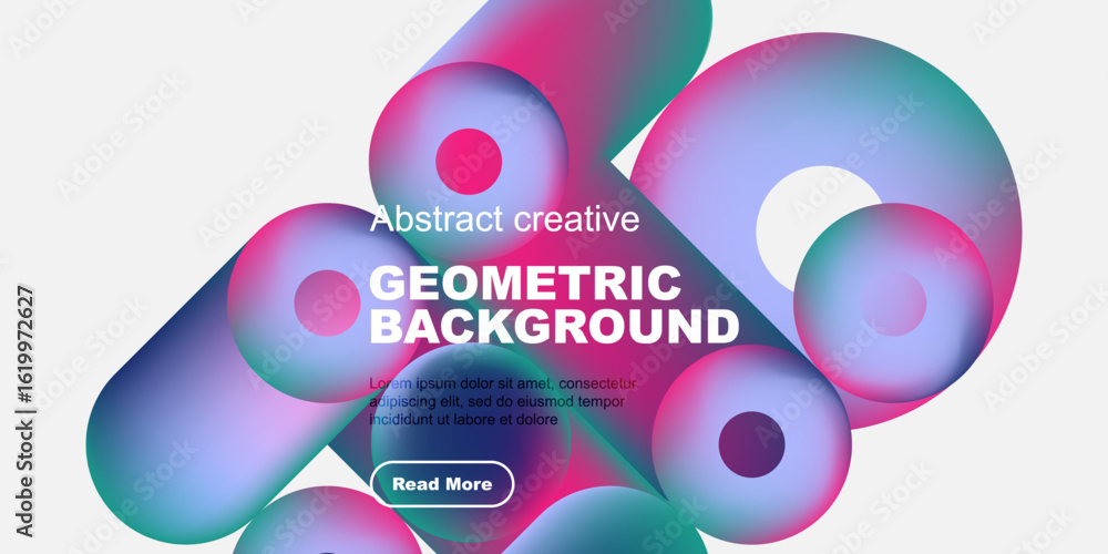 Poster vibrant geometric shapes overlap, creating dynamic background. text promotes creative design, includ