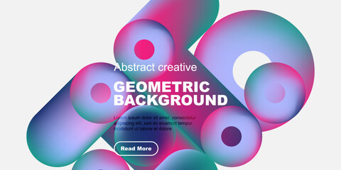 Vibrant geometric shapes overlap, creating dynamic background. Text promotes creative design, includes call to action button.