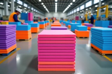 Colorful Stacked Foam Blocks in Large Warehouse
