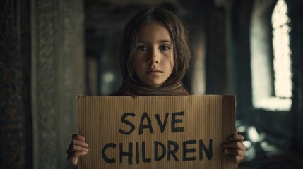 Young girl in abandoned building holding Save Children cardboard sign with dramatic lighting