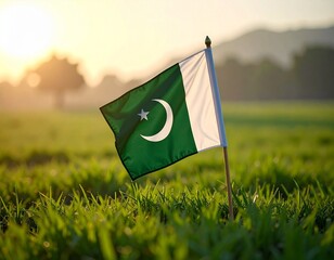 Pakistan Flag Waving in Green Field at Sunset – National Pride & Serene Landscape
