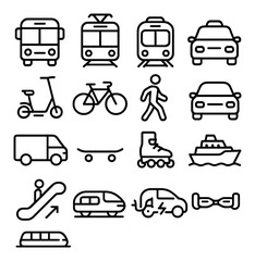 Transportation icons set: bus, train, car, bike, scooter, ship, escalator, ev