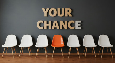 Embrace Your Moment A distinctive orange seat in a line of white chairs, representing a singular opportunity and the power of choice.