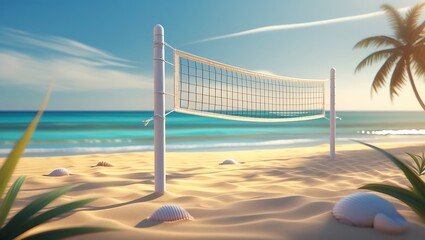 Serene beach volleyball net invites summer fun under warm tropical sun with ocean waves