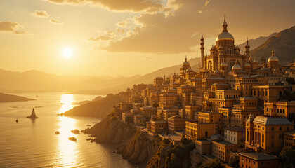 Fototapeta premium Golden city on a cliffside overlooking water with boats and a sunset in the background landscape