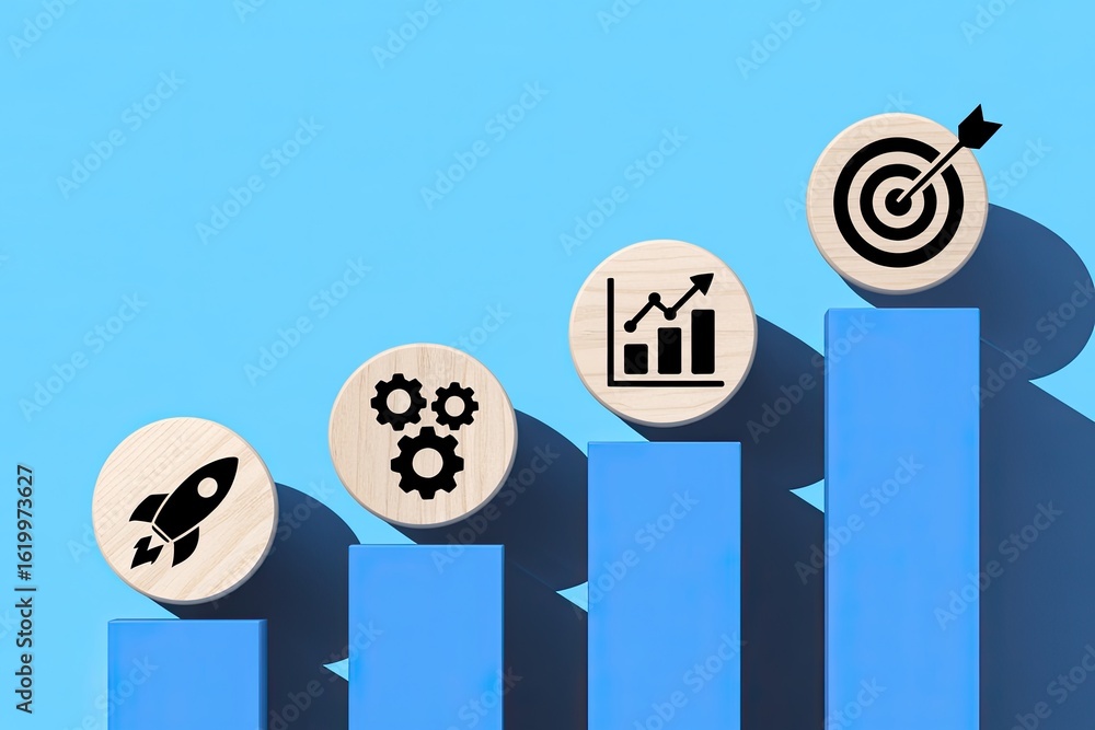 Poster conceptual illustration of business growth and success represented by a rising bar chart with icons 