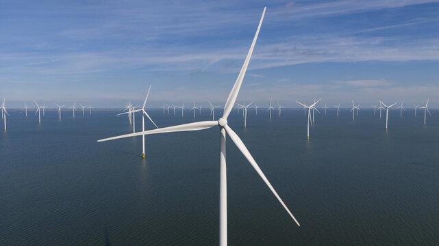 close up view of a wind turbine, offshore, renewable energy, clean energy, alternative energy.