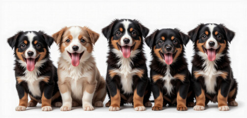 A heartwarming image featuring five adorable puppies with their tongues out, smiling at the camera. Perfect for pet-related projects.