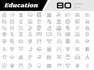 Education icon set | Editable stroke | Vector illustration | Black editable icon set with learning, school, knowledge, study, book, e-learning, graduation, presentation, college, e-book and more 