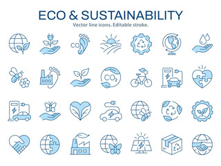 Eco and sustainability icons, such as green energy, recycling, environmental and more. Vector illustration isolated on white. Editable stroke. Change to any size and any color.