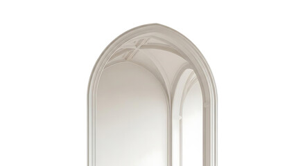 A minimalist view of a white arched doorway with a subtle ceiling detail on a white background
