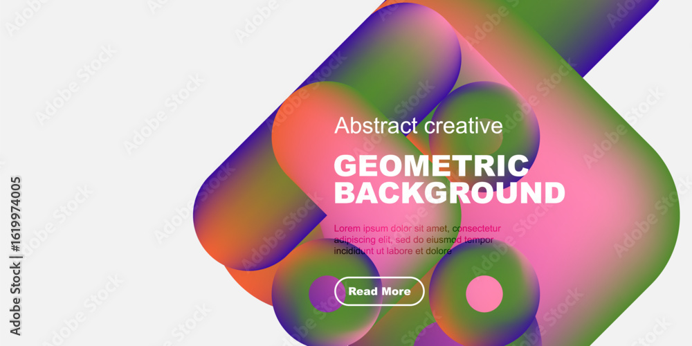 Poster vibrant abstract shapes overlap, creating dynamic geometric background. text promotes further explor
