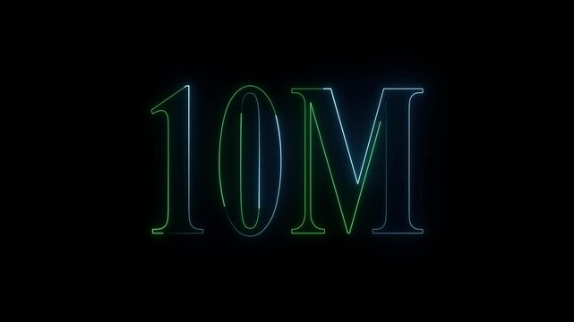 10m one million neon glowing text animation on black background, 10 Million achievement for social media videos animation.
