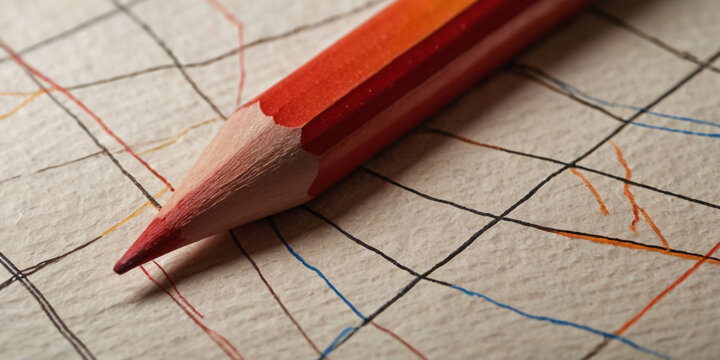 Red pencil on textured paper with grid lines and colorful scribbles orange