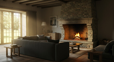 Beautiful fireplace is opposite grey and cozy couch