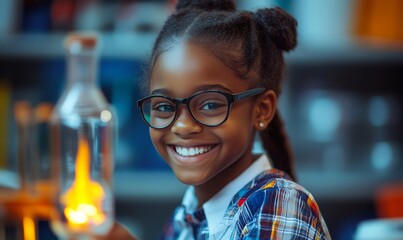 Joyful black African American school pupil studying science in the classroom, conducting a biology experiment with a Bunsen burner, symbolizing the excitement of learning in school, Generative AI