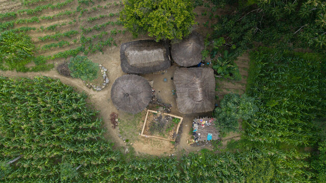 Aerial view of thatched roofs nestled amidst verdant fields, a rustic tapestry woven into the landscape, a symphony of earthy tones and natural textures, Jos, Jos North, Nigeria.