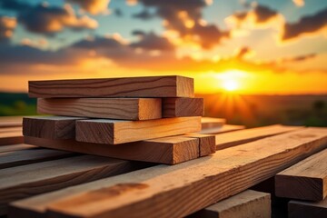 Stacked Wooden Planks at Sunset: Construction Material