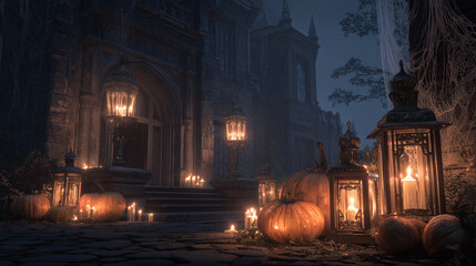 Old castle, pumpkins, lanterns and candles